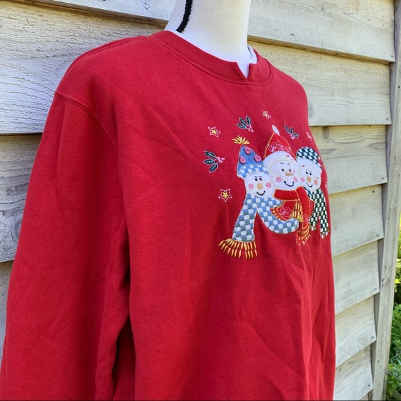 Vintage 90s Red Felt Snowman Appliqué Graphic Crewneck Ugly Christmas Sweatshirt - Picture 4 of 16